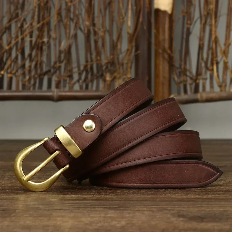 2.4 CM Pure Cowhide Genuine Leather Ladies High Quality Jeans Brass Buckle Belts Cowboy Fashion Designer Belts for Women luxury