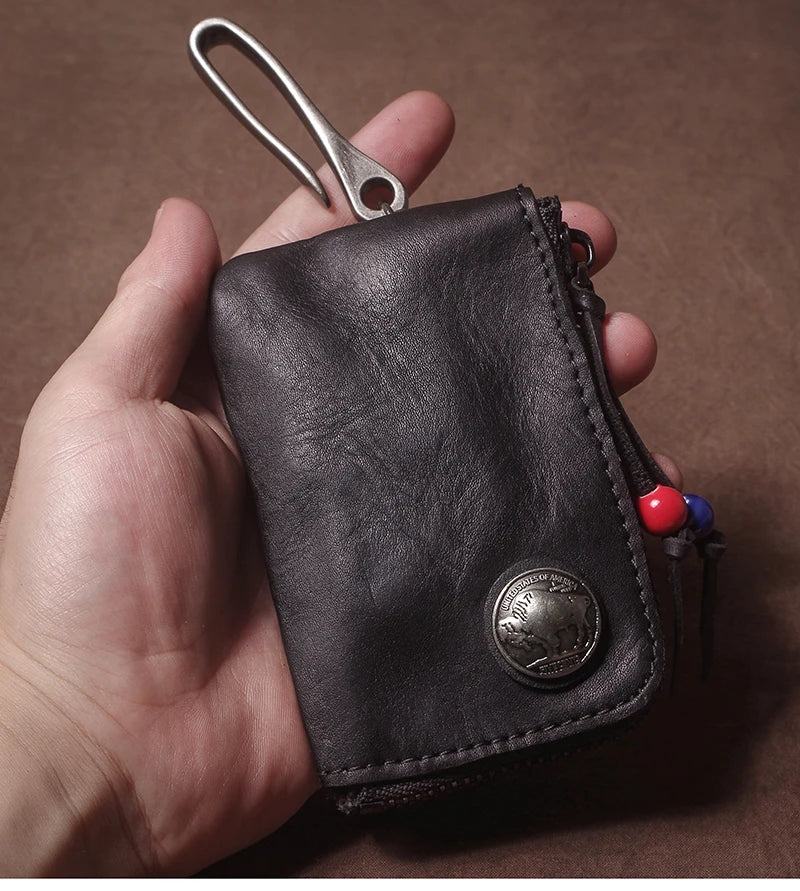 High Quality Genuine Leather Home Car Key Bag Retro Men Handmade Top Cowhide Coin Purse Women Zipper Mini Wallet Card Holde