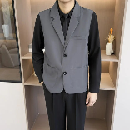 Summer Suit Vest Turn Down Collar Single-breasted Male Waist Sleeveless Pocket Versatile Business Casual Man Coat