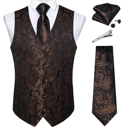 Suit Vest for Men Black Solid Paisley Wedding Prom Groom Jacquard Waistcoat with Necktie for Tuxedo Men Clothing