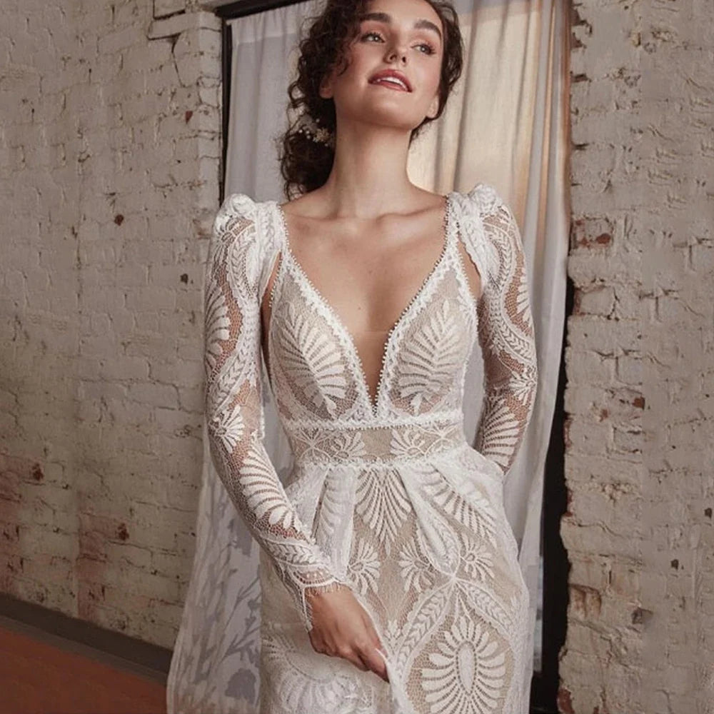 Exquisite Lace Deep V-Neck Backless Wedding Dress Boho Illusion with Long Sleeve Jacket Custom Romantic A-Line Floor Length