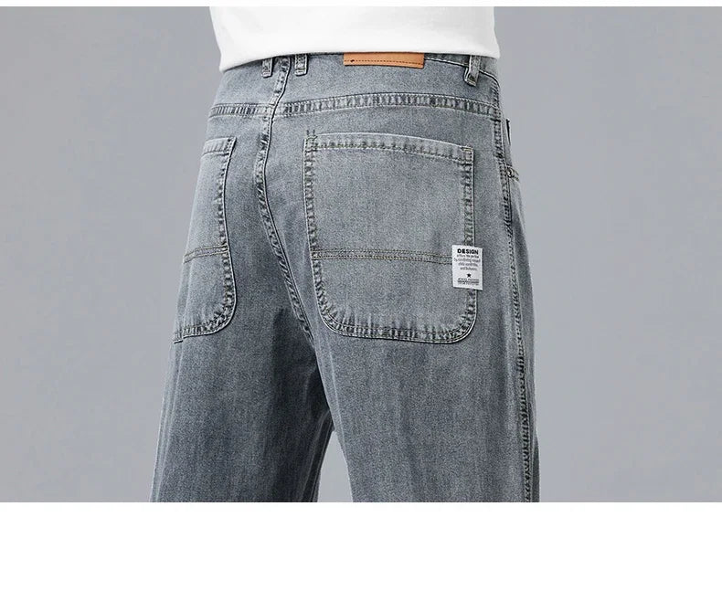 Lyocell Ultra-thin Summer Men's Jeans Elastic Ice Silk Drape Soft Loose Pants Straight Casual Denim Male Clothing Trousers