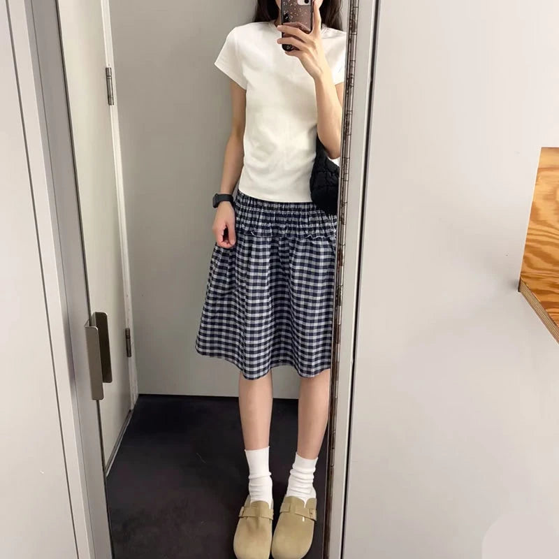 Vintage Plaid Mini Skirt Women Harajuku Aesthetic Patchwork Knee Length Skirts Summer Korean High Waist A Line Faldas New