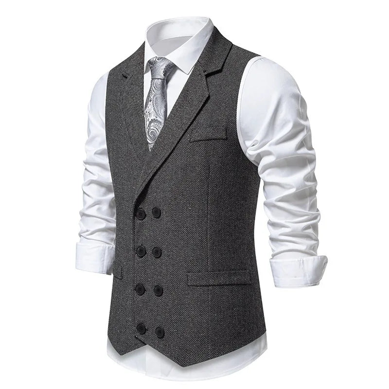 Waistcoat Man British Style Turn Down Collar Men Vest Slim Solid Double-breasted Sleeveless Versatile Male Suit Vest