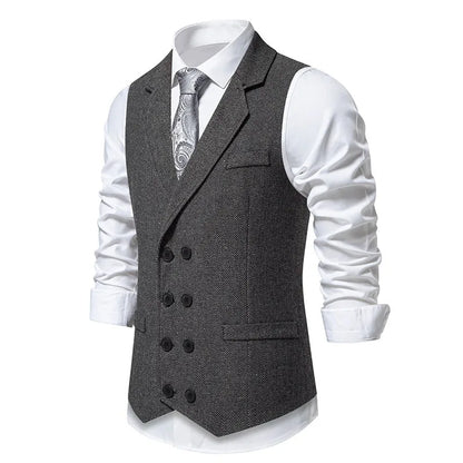 Waistcoat Man British Style Turn Down Collar Men Vest Slim Solid Double-breasted Sleeveless Versatile Male Suit Vest