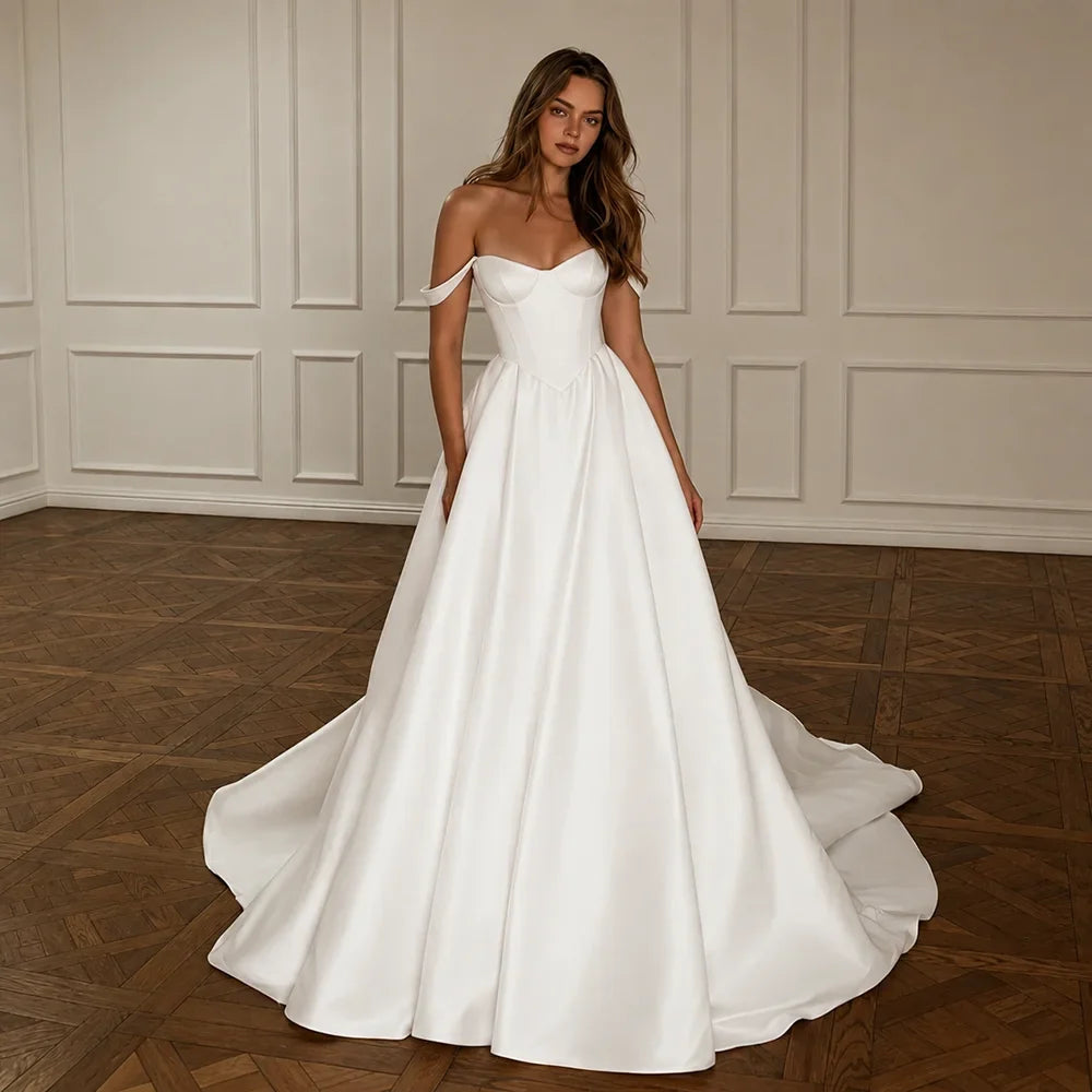 Off Shoulder Sweetheart Satin A-Line Wedding Dress Corset Bodice Chapel Train Elegant Simple Bridal Gown For Women Wedding Party