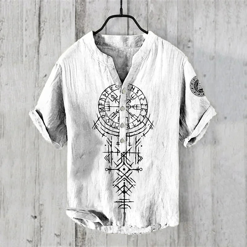 New Men's 3D Printed V Neck Short Sleeve Shirt Foreign Trade Casual Fashion Loose Linen Short Sleeve Shirt Top