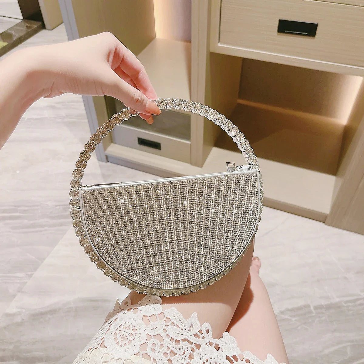 New niche round set diamond shaped handbag, socialite rhinestone banquet bag, French dress evening bag, crossbody dinner bag