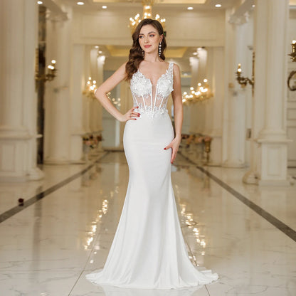 Elegant Straps White Mermaid Wedding Dresses Lace Pearls Backless V Neck Sleeveless Formal Party Gowns Vestido Marriee