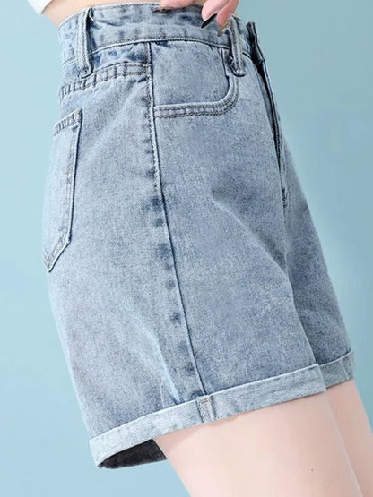 Summer 2024 New Women Rolled Edge Hot Denim Shorts Lady Korean Mini Pants Girls Elastic Blue Black Black Gray A Line Short Jeans