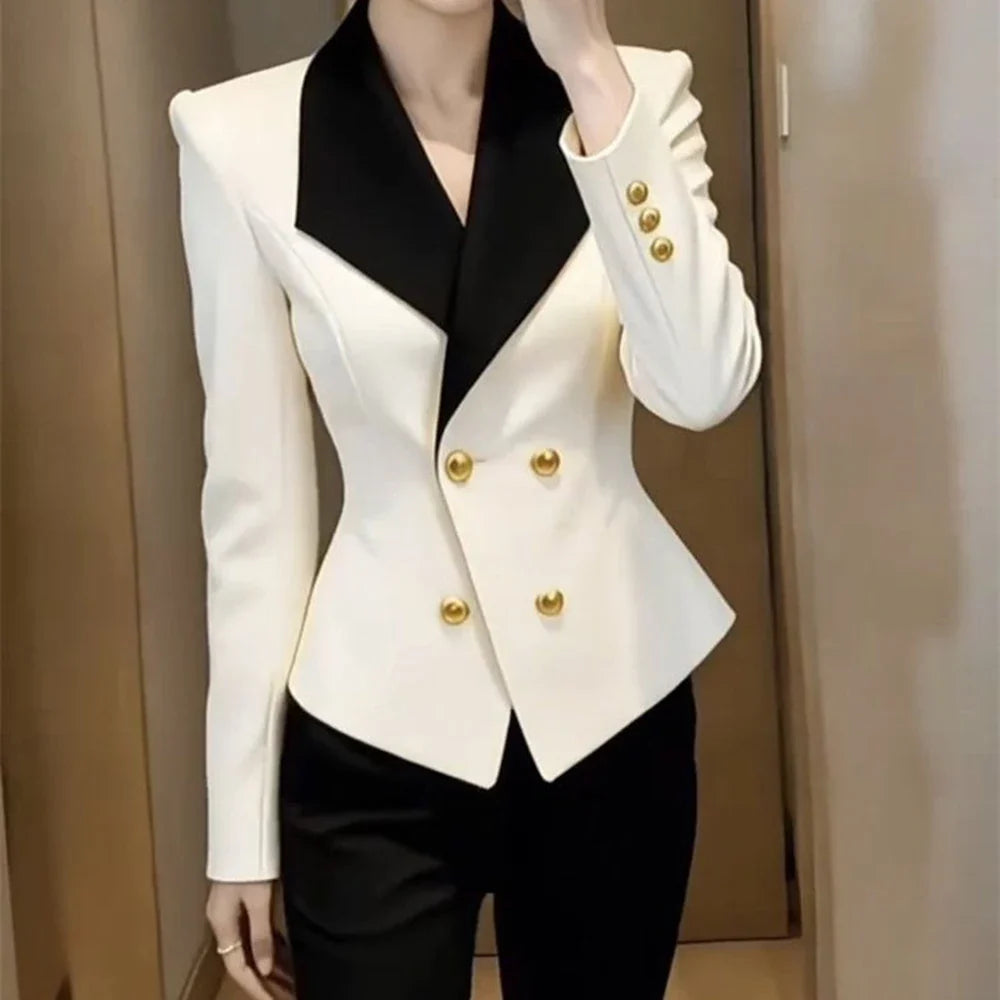 2026  celebrity new professional suit jacket women's high sense black and white contrasting color waist thin short suit
