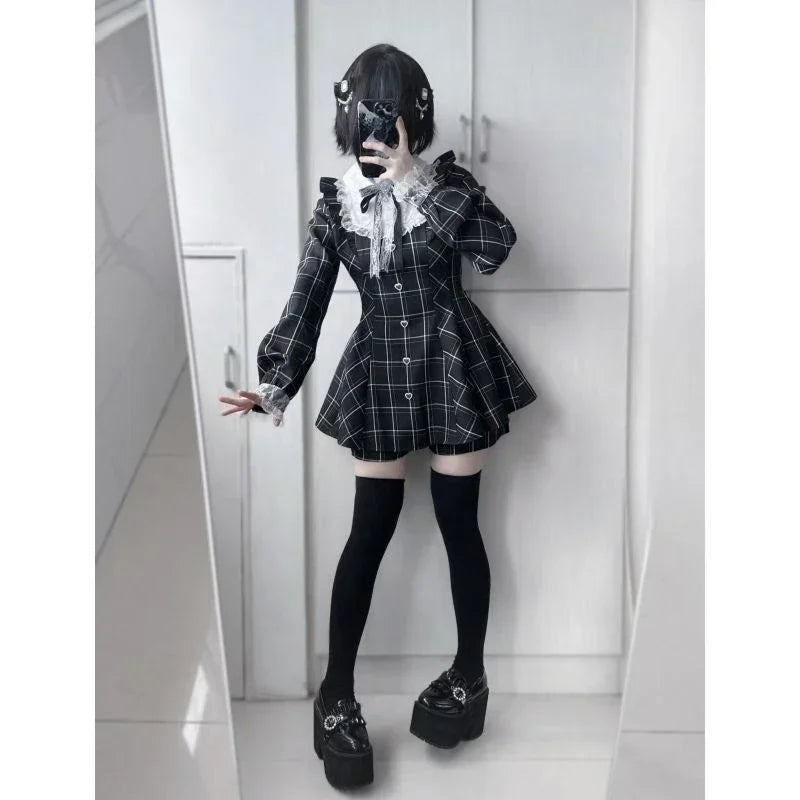 Japanese Kakaii Sweet Lace Patchwork Plaid Dress Women Fairy Grunge Ruffled Long Sleeve Dresses Y2k Aesthetic JK Lolita Vestidos