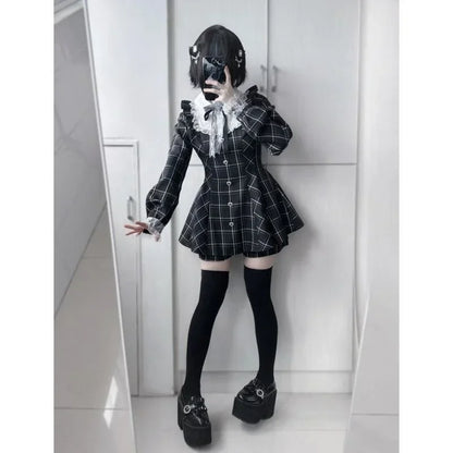 Japanese Kakaii Sweet Lace Patchwork Plaid Dress Women Fairy Grunge Ruffled Long Sleeve Dresses Y2k Aesthetic JK Lolita Vestidos