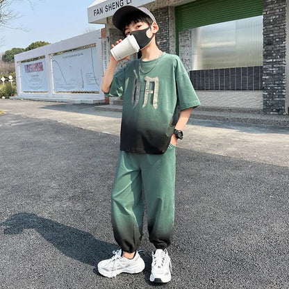 Summer Boys Leisure Gradient T-Shirt Top+Loose Sweatpant Workout Set School Kids 2PCS Tracksuit Children Vacation Outfit 5-16 Yr