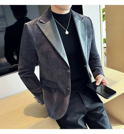 Splicing Leather Neck Fashion Suit Jacket Luxury Men's Business Slim Fit Social Formal Blazers Coats Wedding Groom Tuxedos 5XL-M