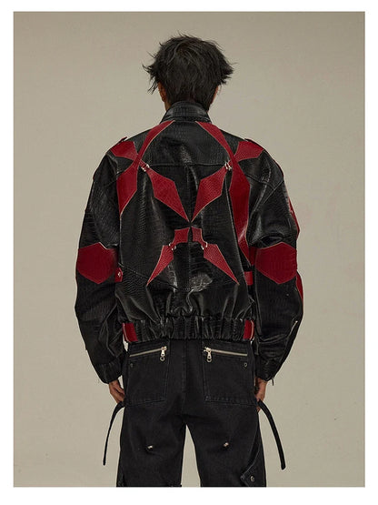 Spring Autumn Cool Handsome Crocodile Print Patchwork Pu Leather Jacket Men Color Block Luxury Designer Clothes 2024