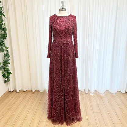 Customized Beads Luxurious Women's Evening Dresses for Formal Occasions Sequins. Long Sleeves Round Neck Luxury Party Dress