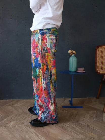 2026 Ropa Y2K Streetwear Graffiti Painting Baggy Jeans Pants For Men Designer Clothes Colorblock Kanye Wide Leg Denim Trousers