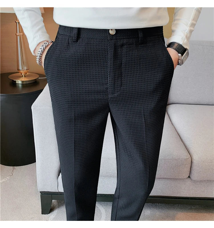 2024 Autumn New Waffle Stretch Waist Business Formal Pants Men Fashion Wedding Slim Trouser Mens Brand Social Party Suit Pants