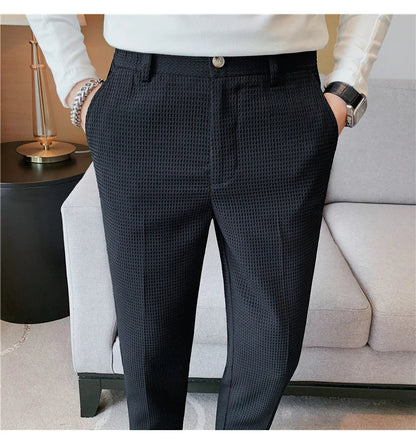 2024 Autumn New Waffle Stretch Waist Business Formal Pants Men Fashion Wedding Slim Trouser Mens Brand Social Party Suit Pants