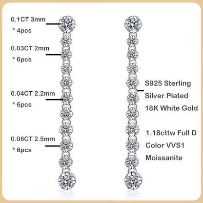 Luxury Designer Real D Color 1.18cttw Full Moissanite Drop Earring for Women 925 Silver Diamond Long Tassel Dangle Earrings