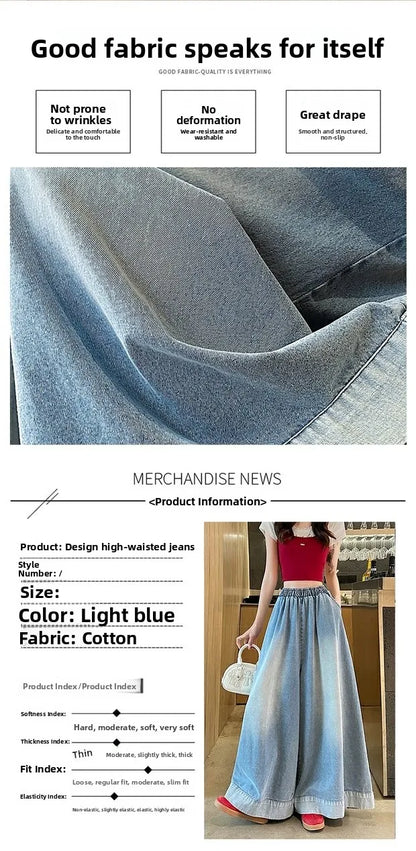 Casual High Waist Wide Leg Jeans Women's Loose Fit Summer Faion plus Size American Sle Cuffed Casual Denim Skirt Pants