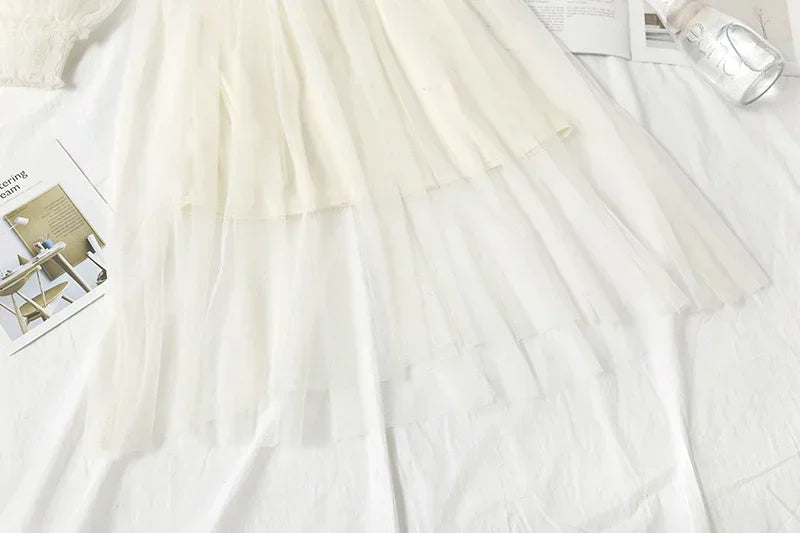 Lace Flower Mesh Summer Dress Women Lantern Sleeve White Casual Dresses Female Party Vintage Slim Women Dress 2 Piece Sets 12041