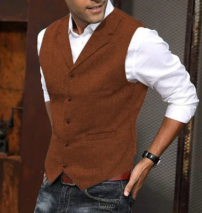 2026 Men's Business Woolen Suit Vest Fashionable British Retro Twill Vest Workwear Slim Fit Vest Elegant Classic Style Black