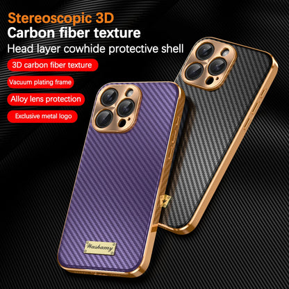 Luxury Plating Leather Carbon Fiber Texture Phone Case For iPhone 17 16 15 14 13 Pro Max Plus 17Air Alloy Lens Shockproof Cover