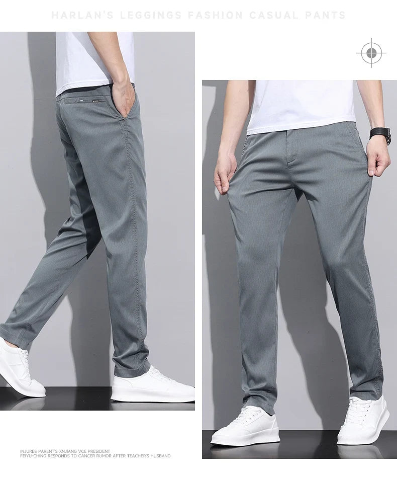Fiber Fabric Summer Men's Casual Pants Fashion Thin Soft Breathable Elastic Business Slim Straight Trousers Black Gray