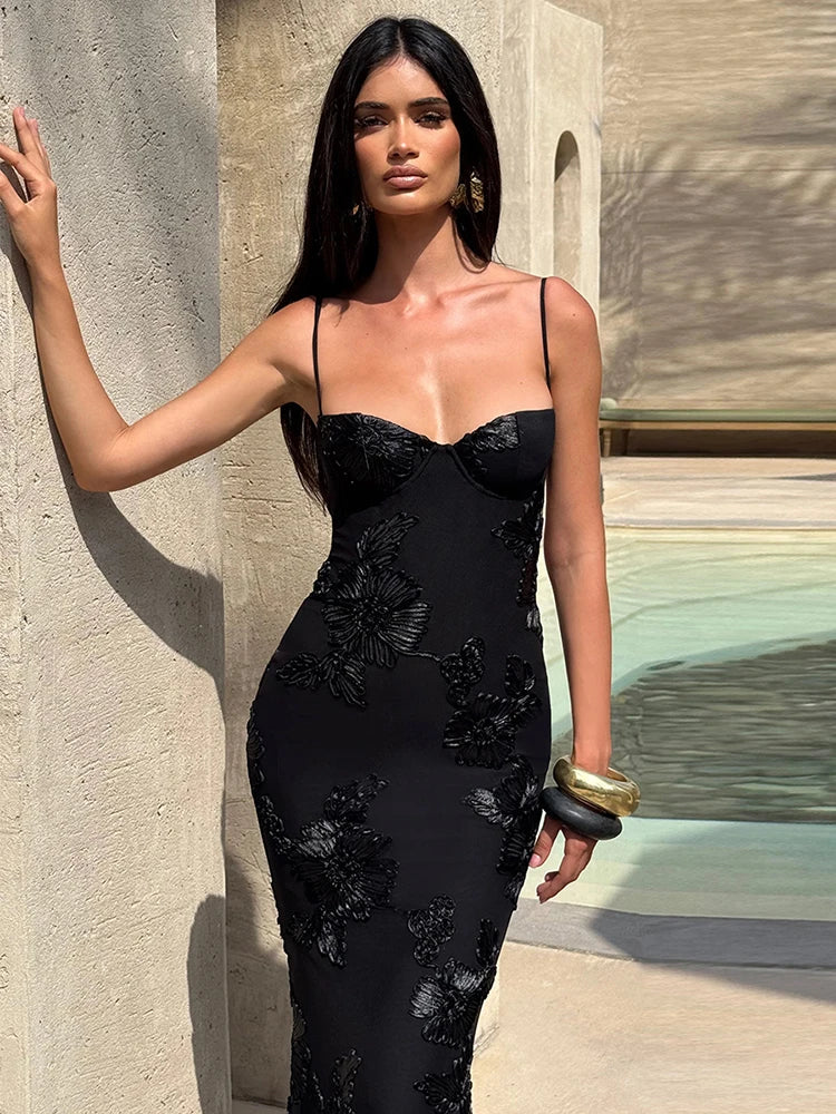 Elegant Flower Embroidery Maxi Dress Women Low-Neck Cross Bandage Backless Summer Street Trend Skinny Holiday Vestidos