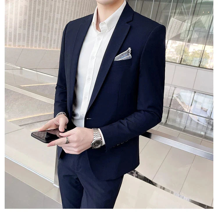 Men's Stylish Handsome Solid Color Suit Two-Piece Set M-4XL High Quality Formal Casual Banquet Fit Trousers Included