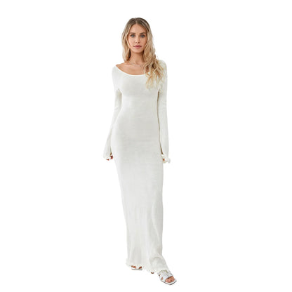 Women's Autumn Winter Knitted Bodycon Dress Long Sleeve Tie Backless Round Neck Solid Color Ruffle Trim Long Dress Beachwear
