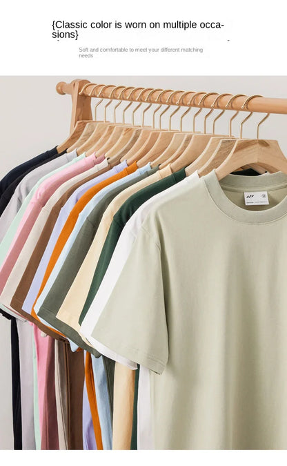Combed cotton 240g heavy-duty pure cotton double yarn short sleeved t-shirt men's trendy brand solid color round neck top