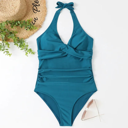 S - XXL Wrinkled Halter V Neck One Piece Swimsuit Women Swimwear Female Monokini Backless Bathing Suit Swim Beachwear Bodysuit