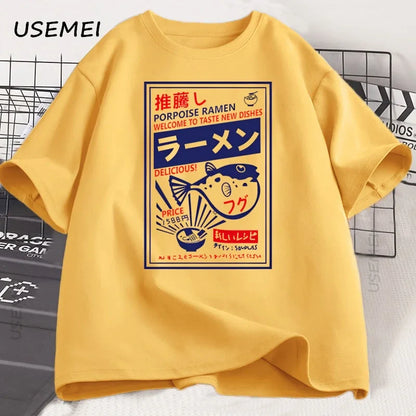 Vintage Fugu Puffer Fish Ramen T-Shirts Japanese Style Cotton Short Sleeve T Shirt Summer Crewneck Loose Tshirt Mens Clothing