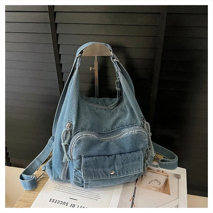 Solid Color Denim Trendy Shoulder Bag for 2025 High Quality Fashion Zipper Large Capacity Versatile Women's Crossbody Bag