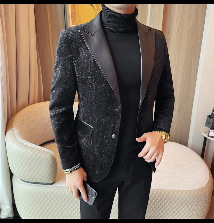2025 Fashion Leather Neck Spliced Suit Jacket Luxury Men's Business Slim Fit Social Formal Blazers Coats Wedding Groom Tuxedos