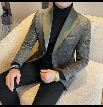 2025 Fashion Leather Neck Spliced Suit Jacket Luxury Men's Business Slim Fit Social Formal Blazers Coats Wedding Groom Tuxedos