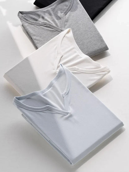 Women Solid T Shirt, Silk Viscose Blend, V Neck, Long Sleeves Chic Shirt 2025 Spring Summer Cozy Top, White, Grey