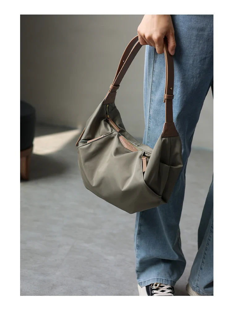 Lightweight Nylon Matching Genuine Leather Crossbody Bag High Quality Single Shoulder Bags Fashion Pleated Messenger Purses