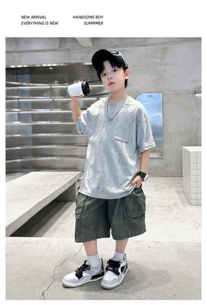 Summer Suit for Boy with Shorts Two Piece Clothing Set Kids Child Cotton Top and Bottom Clothes Set Casual Outfit Tracksuit 5-14