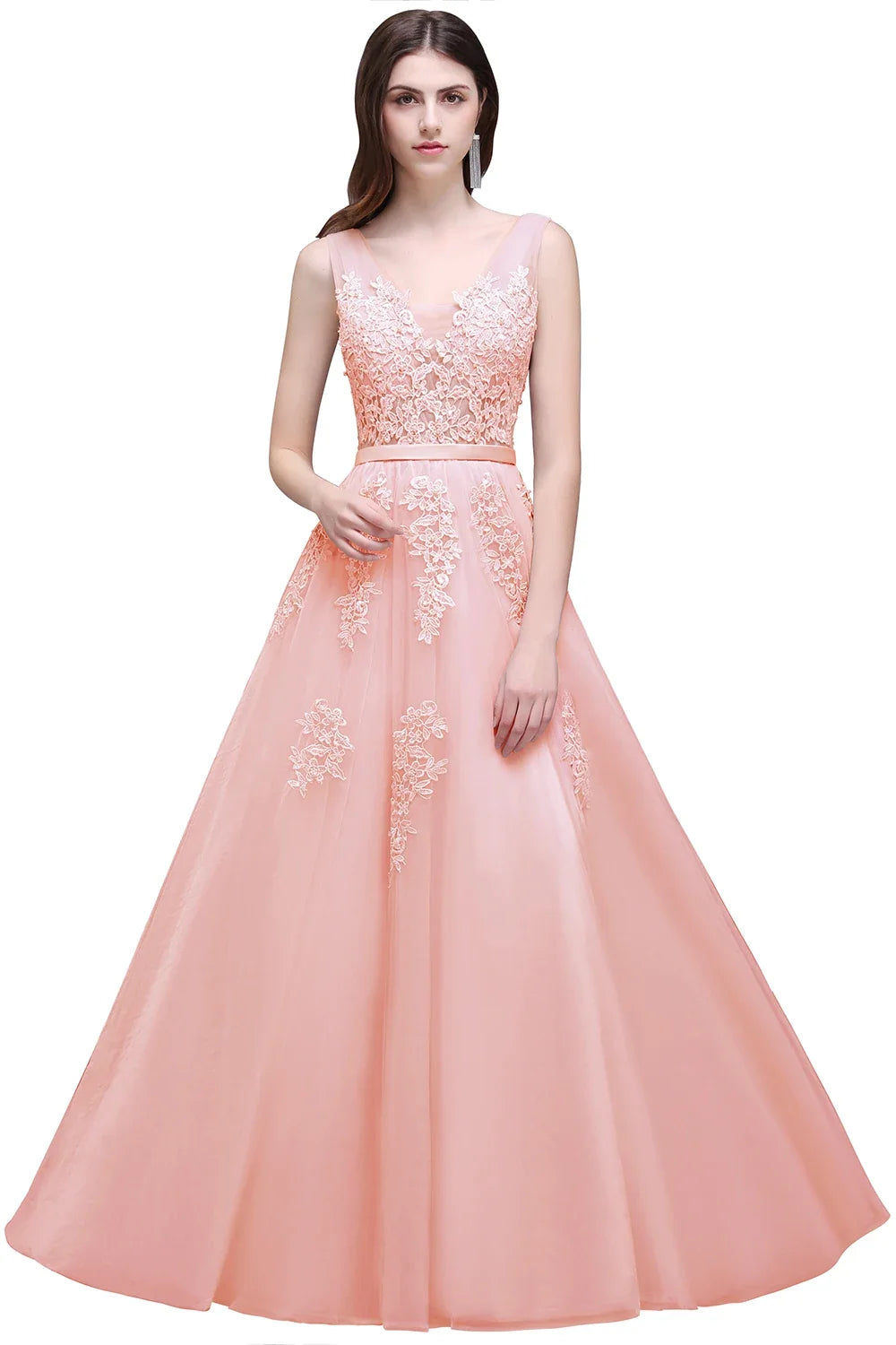 Women Burgundy Evening Dress Lace Appliques Tulle V-Neck Sexy Backless Prom Dresses A-Line Floor-Length Sleeveless Party Vestido