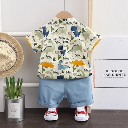 Children Clothes Spring Cartoon Baby Boy Short Sleeve Printe Dinosaur Causal Shirts Jeans 2Pcs/set Kid Fashion Toddler Tracksuit