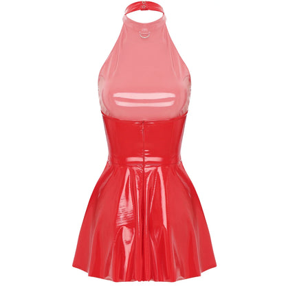 Womens Glossy Patent Leather Glossy Mini Skater Dress Halter Backless Bodycon Lingerie A-Line Dresses Rave Disco Party Clubwear