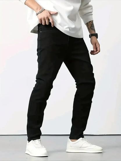 Men's New Slim Fit Stretch Cotton Jeans Ripped Casual Black Blue Denim Pencil Pants for Everyday Social Wear