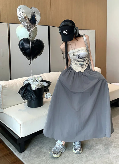 Chic Women Pockets A-Line Long Skirts Ladies Casual Loose Elastic High Waist Midi Skirt 2024 Spring Summer