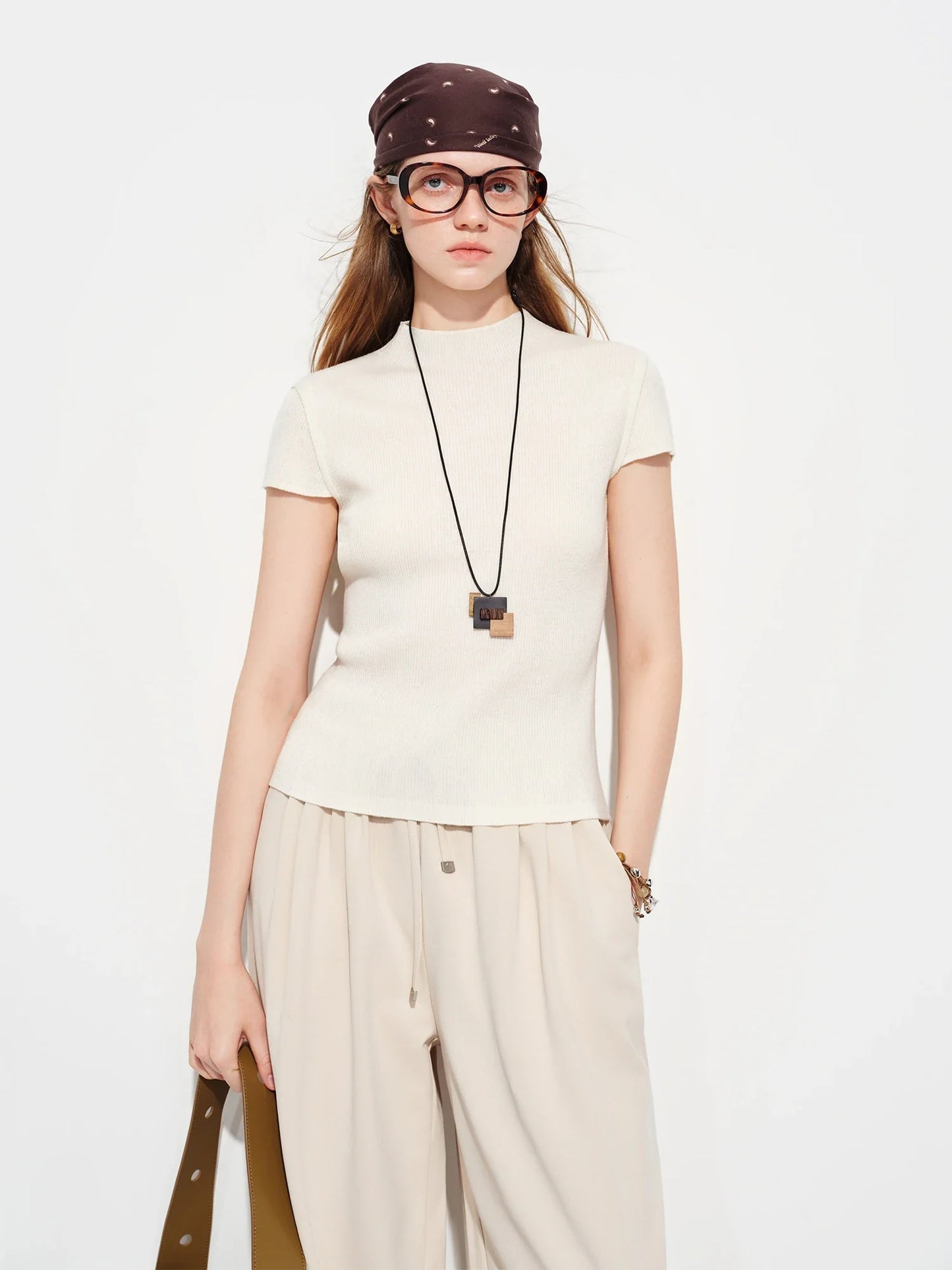 2026 Spring Women's Semi-High Neck Solid Wool Knit Sweater - Slim Fit Short Sleeve Simple Top for Casual Office Wear
