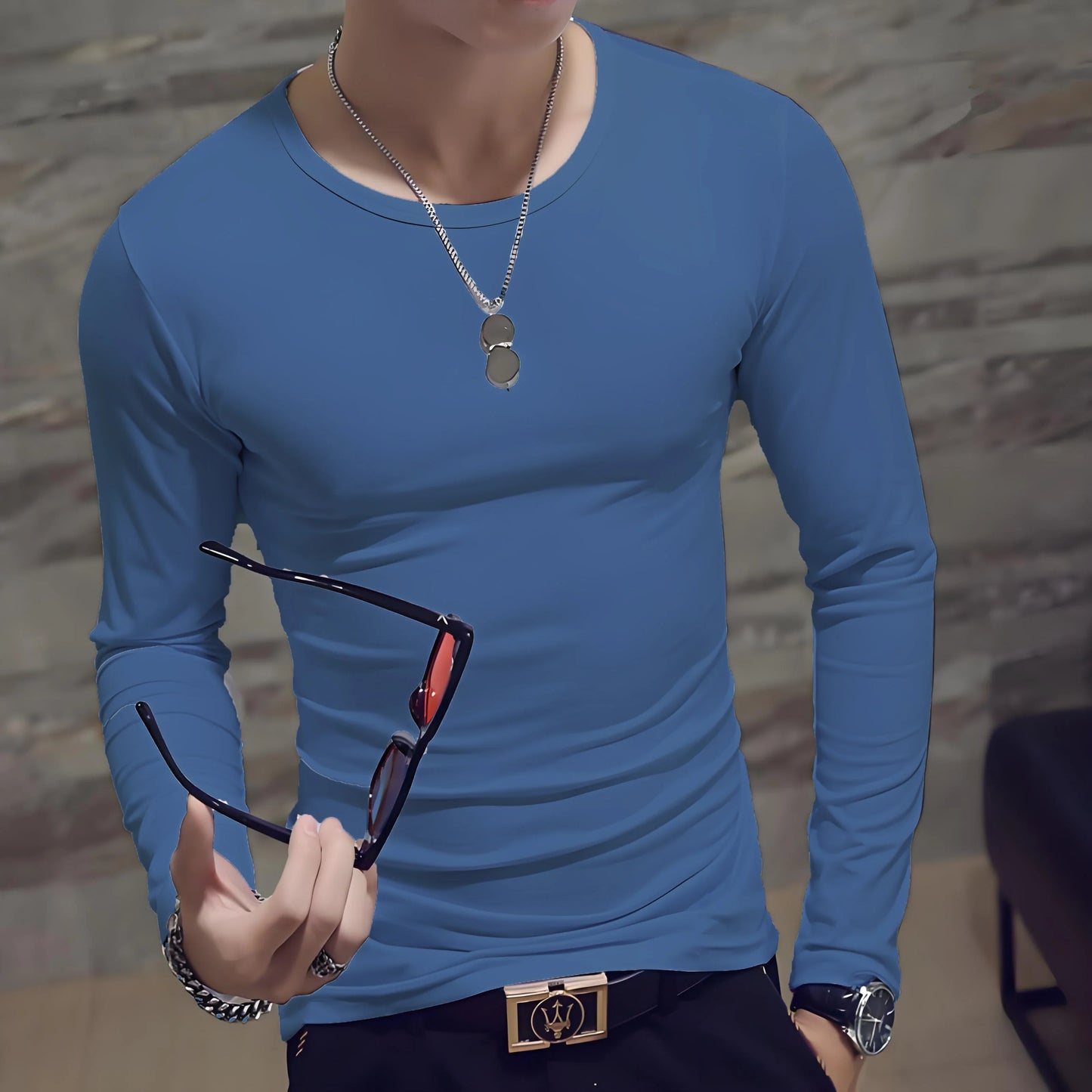 Men's Casual Fashion Solid Color Long-Sleeved Round Neck T-Shirt Classic Men's Spring and Autumn Thin Comfortable Top