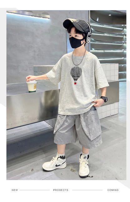 Fashion Boys Summer Outfit T-shirt Shorts Sports Set Children Top and Bottom Tracksuit Set Kids Casual Cotton Sportswear 5-14Y